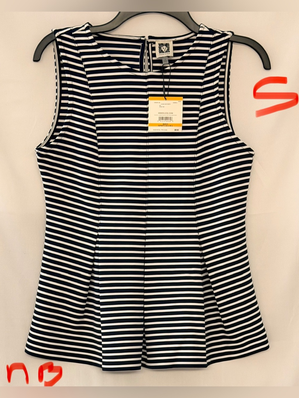 Anne Klein Navy and White Striped Sleeveless Peplum Tank